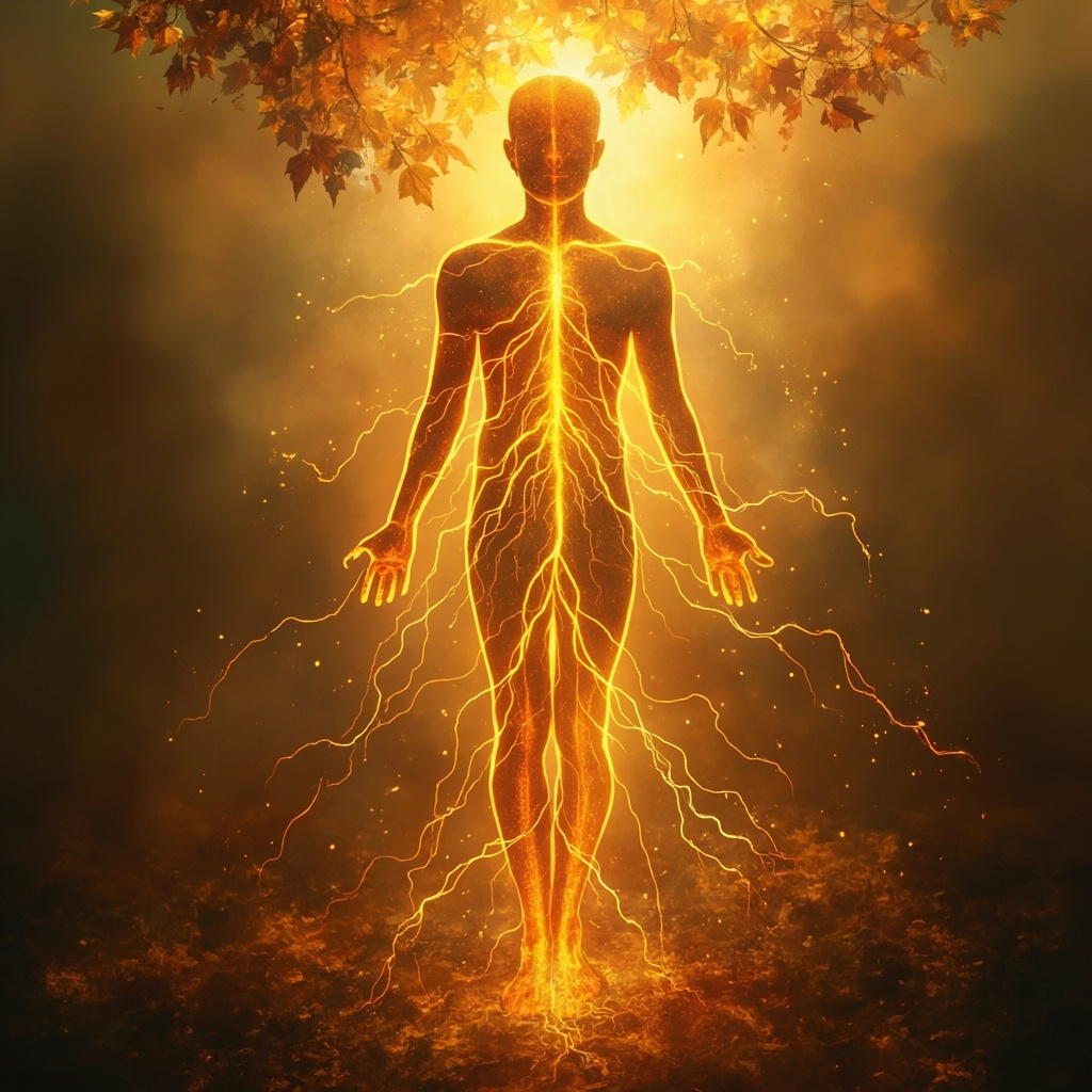 A serene, artistic representation of a human silhouette integrating with nature, showing glowing energy pathways flowing from the lower body to the chest, soft warm colors representing seasonal change.