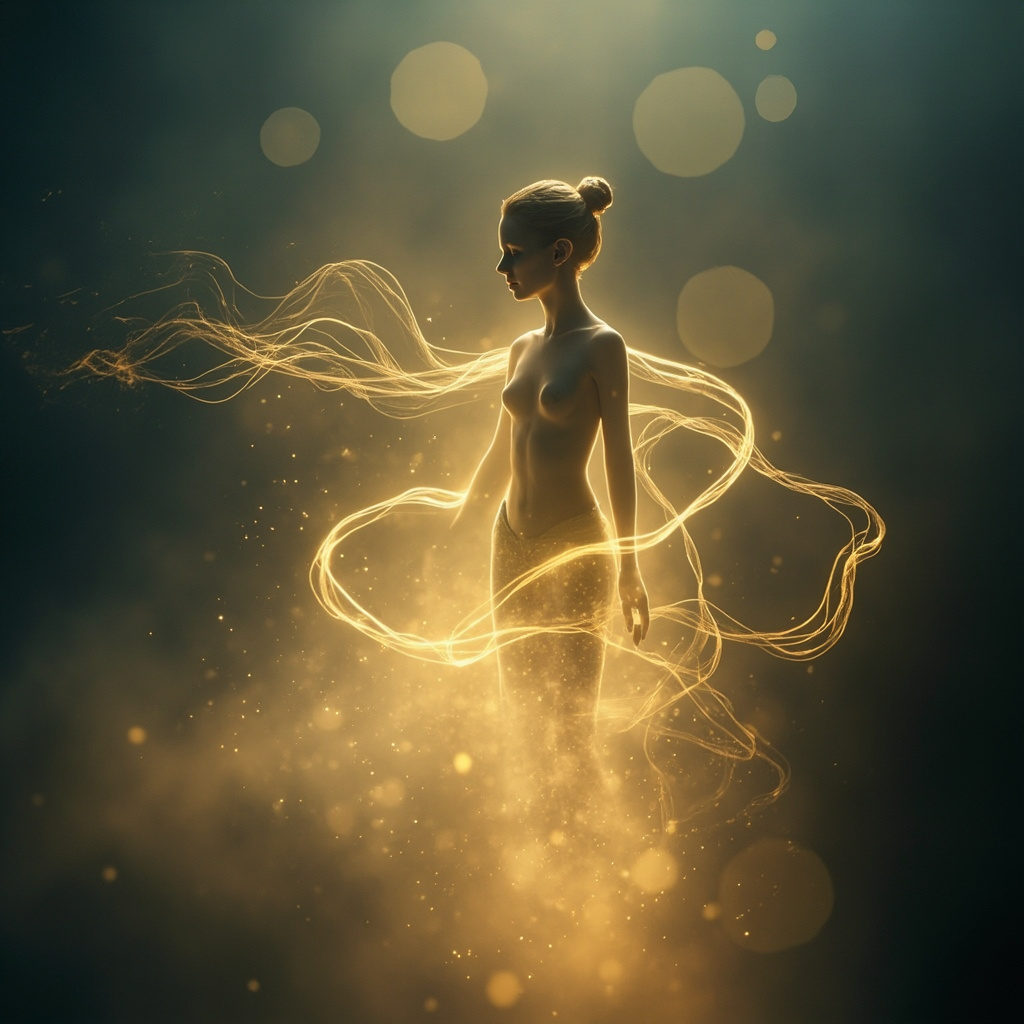 A serene, abstract representation of a human silhouette with flowing, luminous golden lines of light representing energy pathways, set against a soft, calming background.