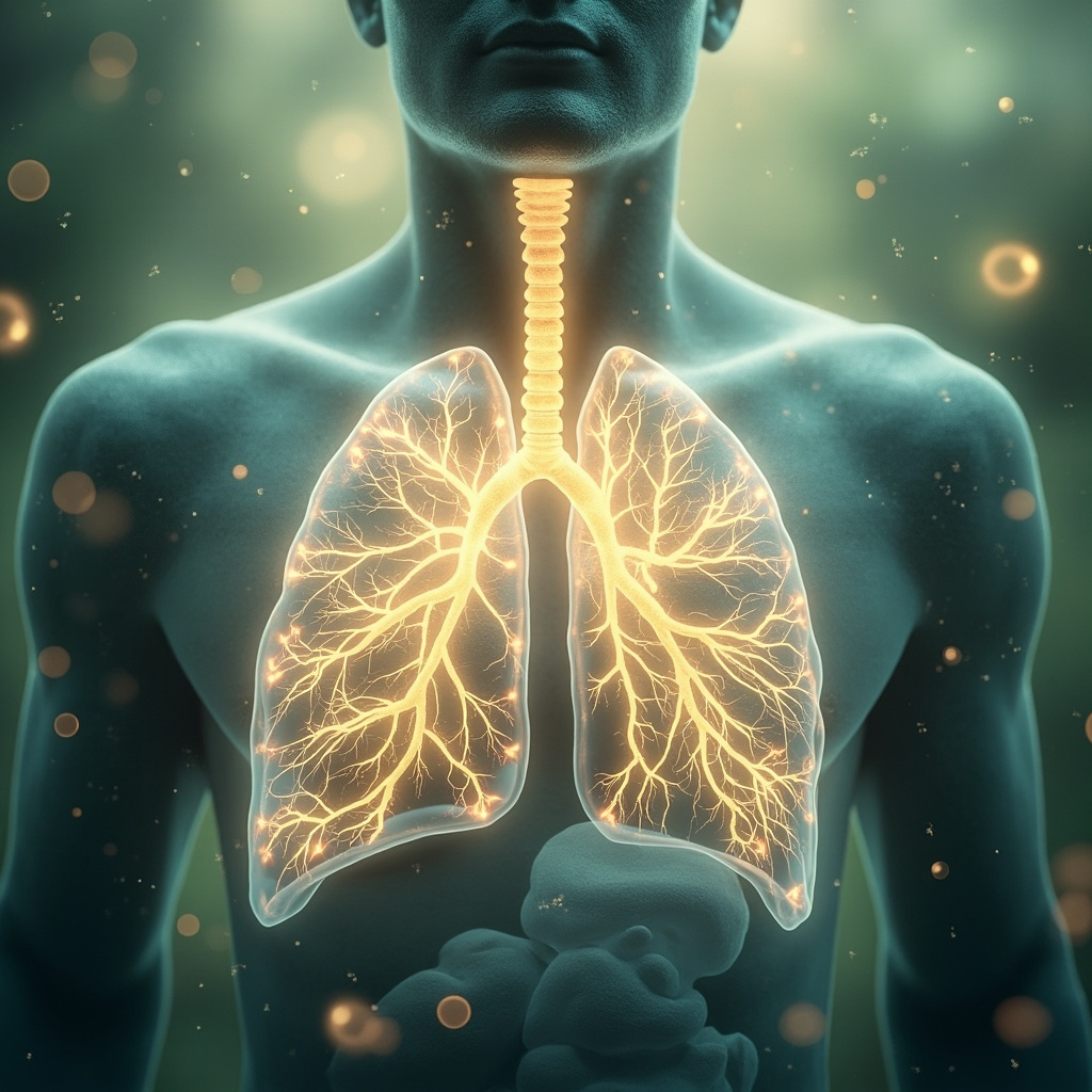 A serene, artistic representation of the human respiratory system integrated with glowing, ethereal light patterns, symbolizing the flow of energy and breath in a peaceful, natural environment.