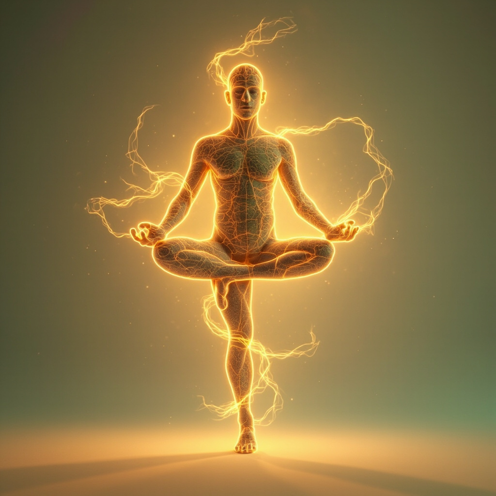A serene, artistic representation of a balanced human silhouette with glowing, harmonious energy lines flowing through the body in soft earth tones.