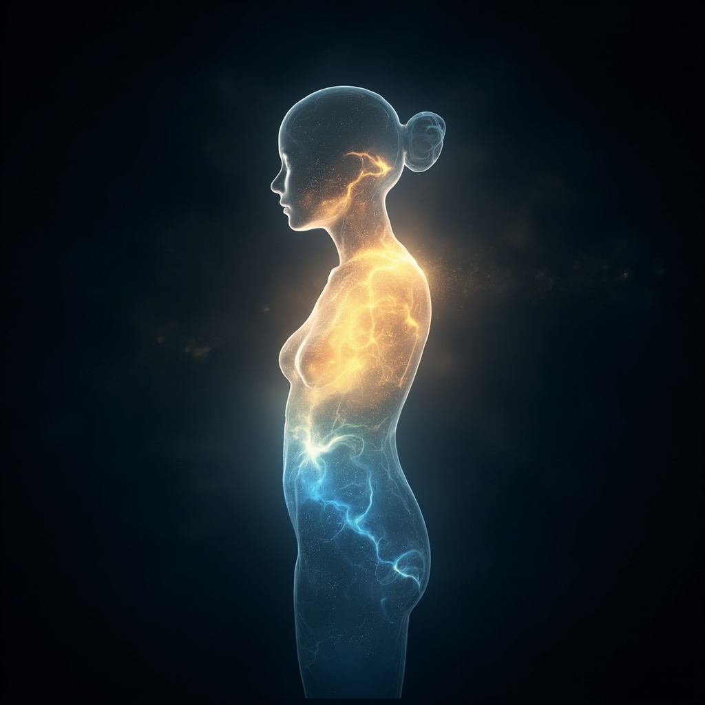 A serene, abstract representation of a calm, glowing energy field within a human silhouette, soft blues and warm golds, minimalist and soothing style.