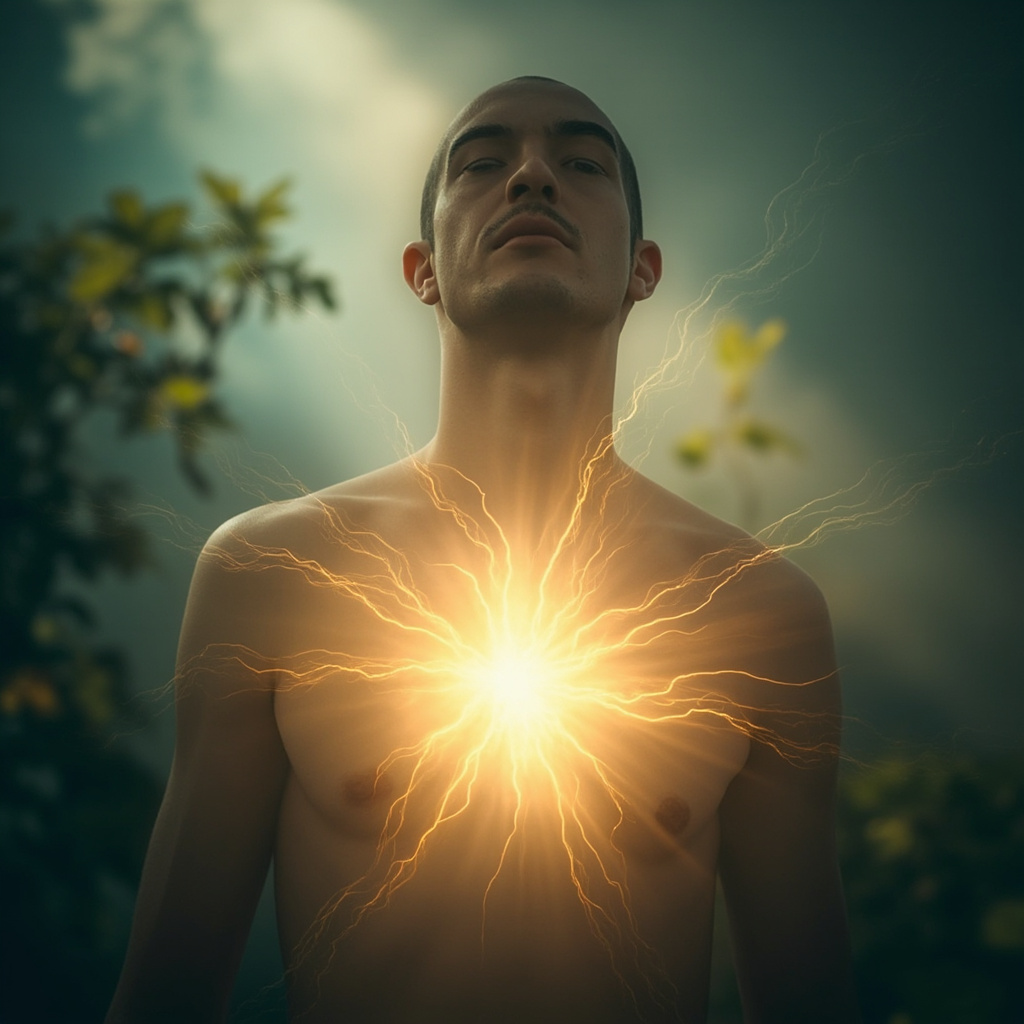A serene, artistic representation of a glowing, open chest area with soft light radiating outward, symbolizing breath, vitality, and emotional release, set against a calm, nature-inspired background.