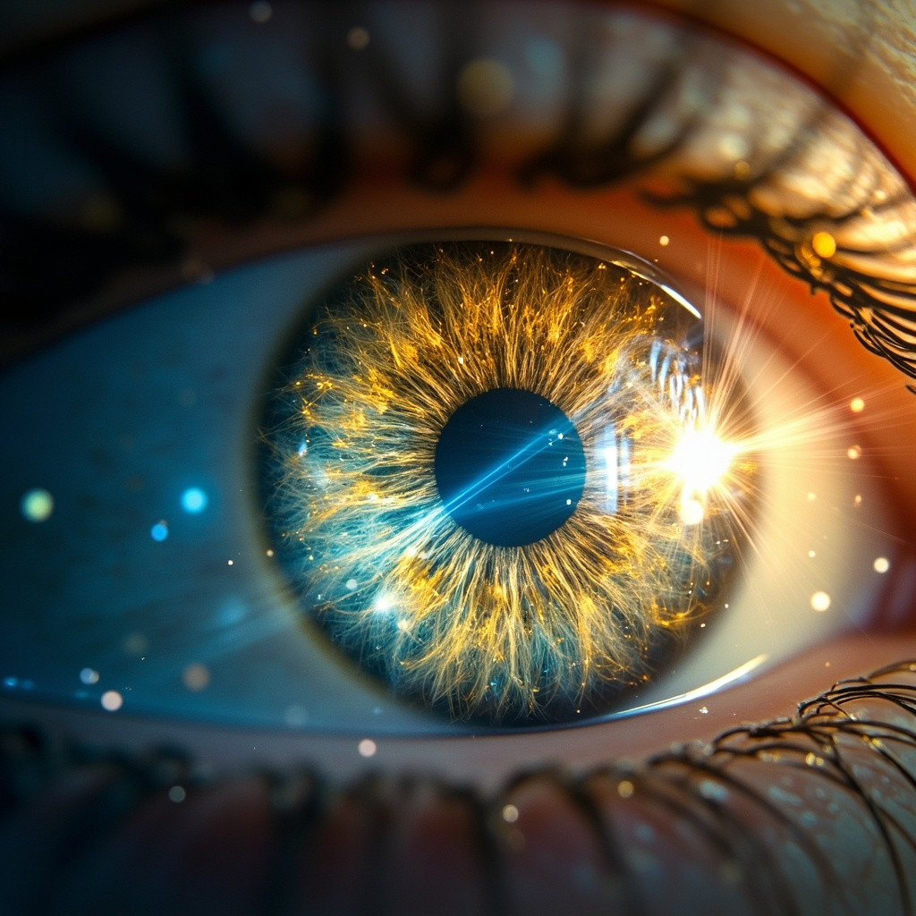 A serene, abstract representation of light entering the eye, blending biological structures with glowing, ethereal patterns of gold and soft blue, symbolizing clarity and inner vision.
