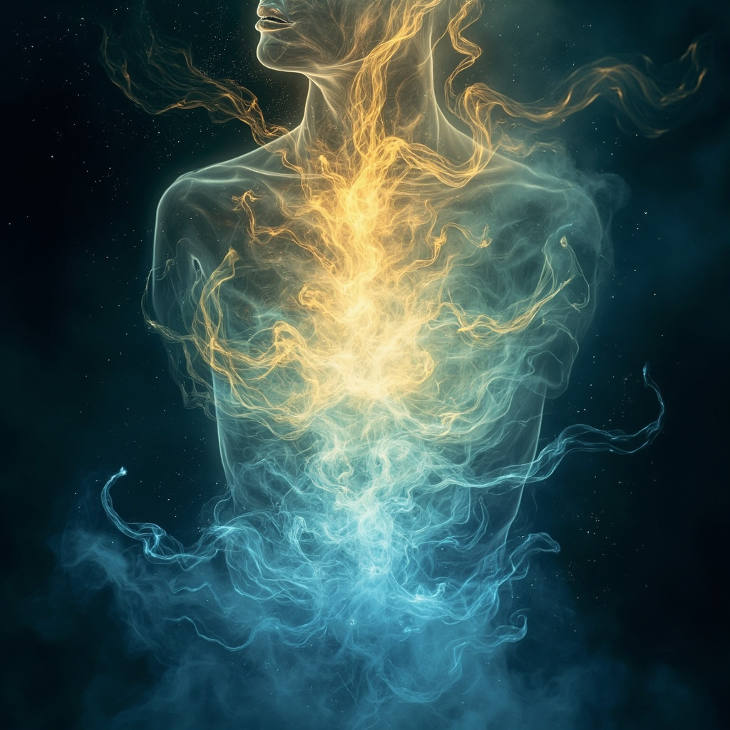 A serene, abstract representation of light and energy flowing through the chest area, symbolizing open breathing and emotional release, soft blue and gold tones.