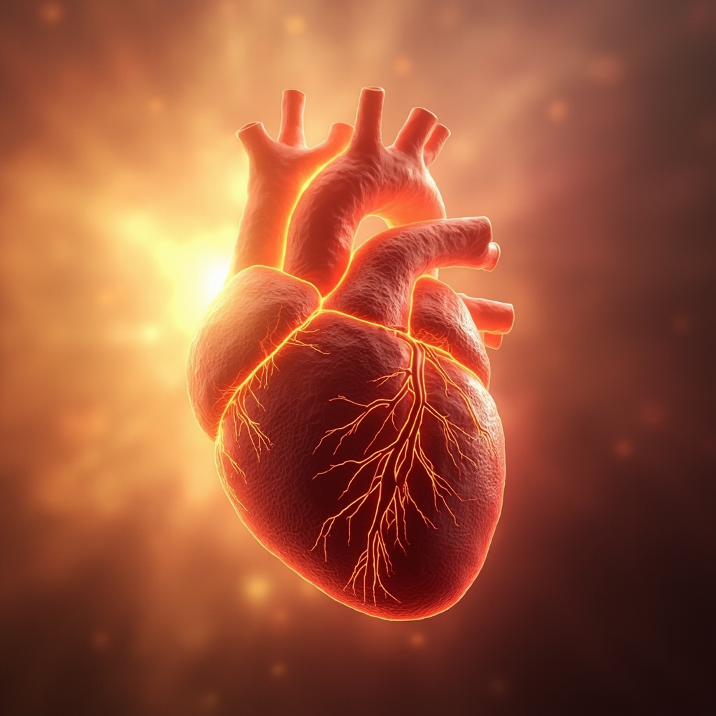 A soft, artistic representation of a glowing, healthy heart structure with warm light emanating from the left side, symbolizing emotional openness and circulation.