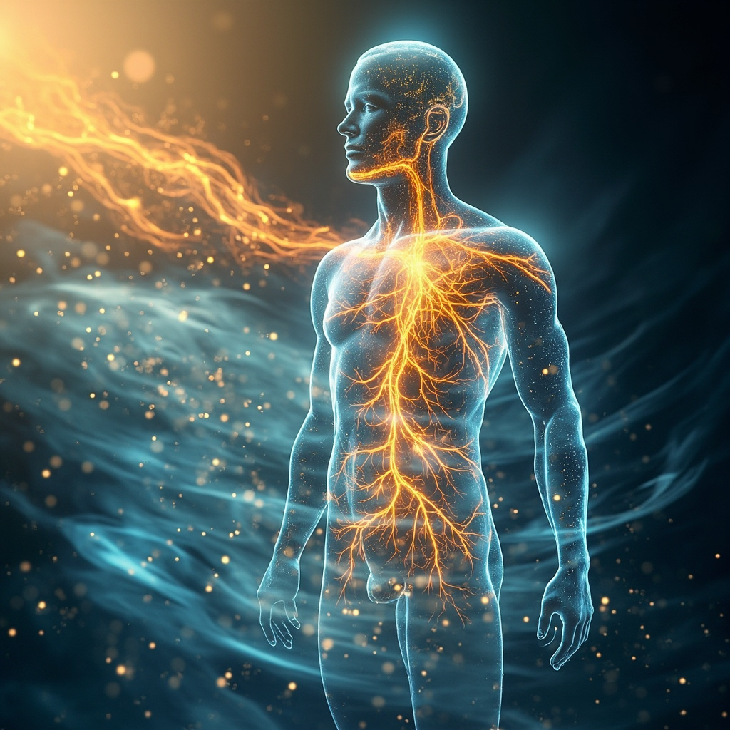 A serene, artistic representation of flowing water merging with golden light, symbolizing the circulatory system as a vibrant, steady river of life within the human body.