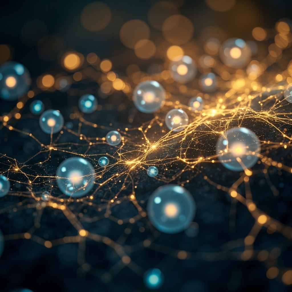 A serene, abstract digital art representation of glowing golden neural pathways connected to soft blue serotonin molecules, symbolizing emotional balance and inner peace.
