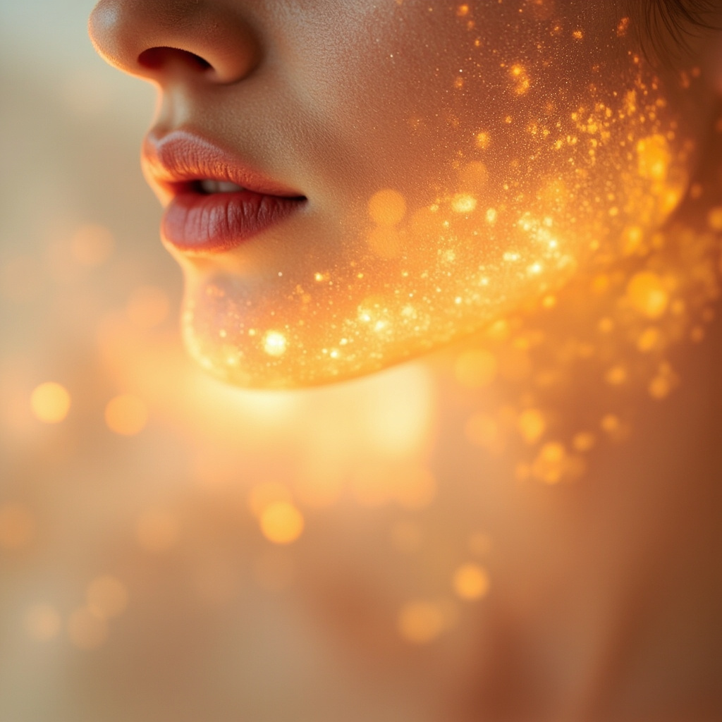 A serene, artistic representation of light glowing beneath the surface of skin, symbolizing the connection between inner energy and outer radiance, soft natural lighting, high quality.