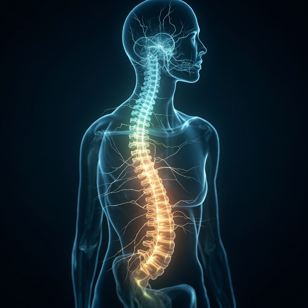 A serene, artistic representation of a glowing, healthy human spine with soft, rhythmic light pulses extending to various organs, symbolizing electrical harmony and nervous system balance.