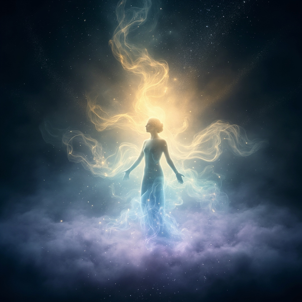 A serene, abstract representation of human energy fields glowing with soft light, symbolizing balance and harmony between the body and its internal environment.