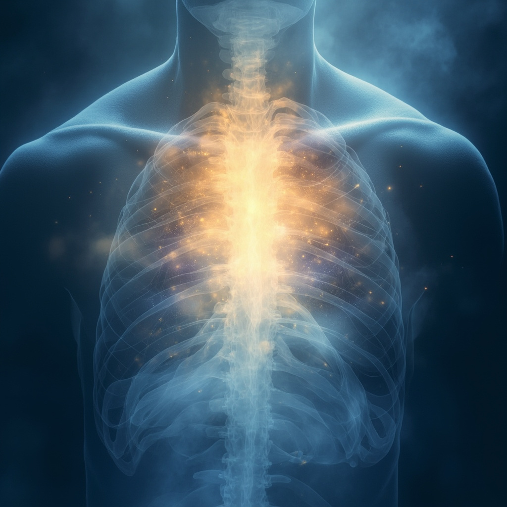 A serene, abstract artistic representation of the human chest area, showing glowing, soft light radiating from the center of the thoracic cavity, symbolizing breath, openness, and emotional freedom, in a calm, meditative color palette.
