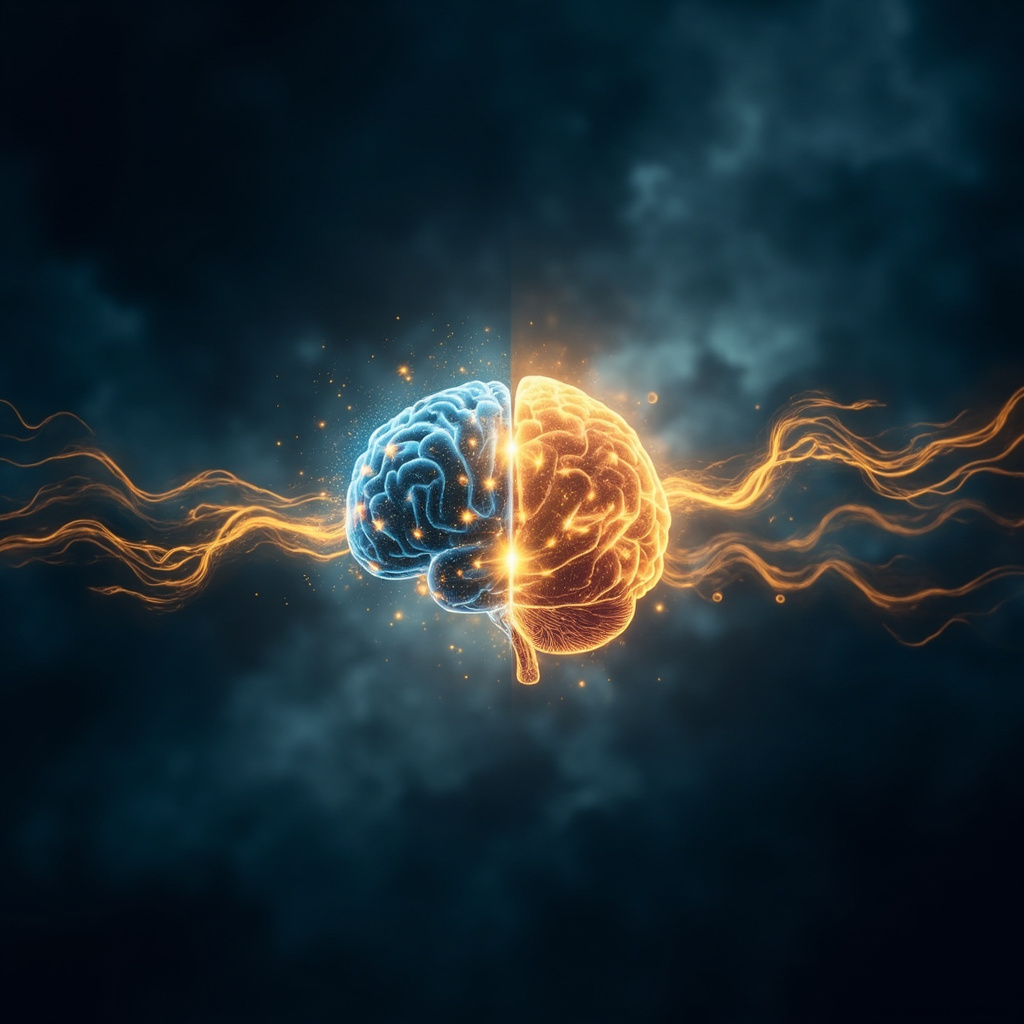 A serene, artistic representation of a glowing brain and heart connected by soft, flowing light patterns in a deep blue and gold color palette, symbolizing harmony and nourishment.