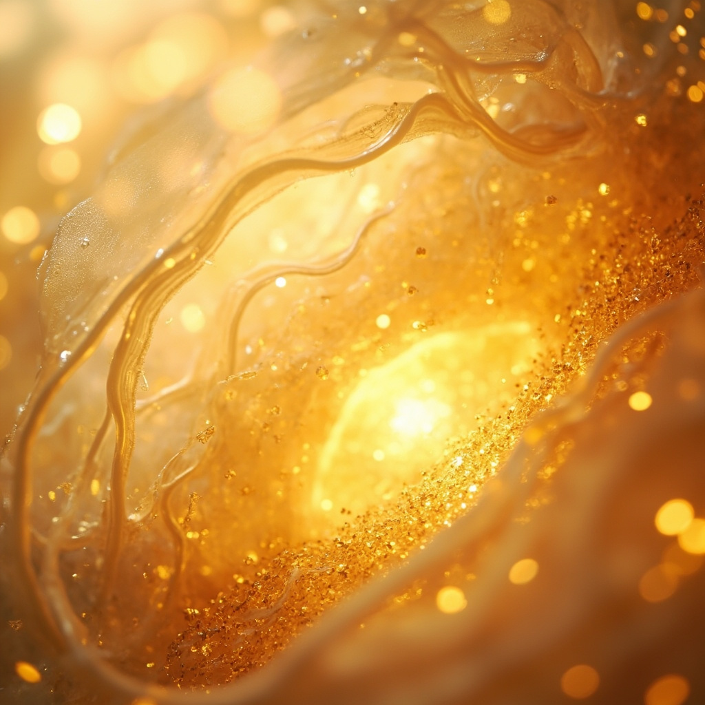 A high-quality, serene abstract representation of a glowing, protective golden lining within a soft, biological structure, symbolizing harmony and inner strength.