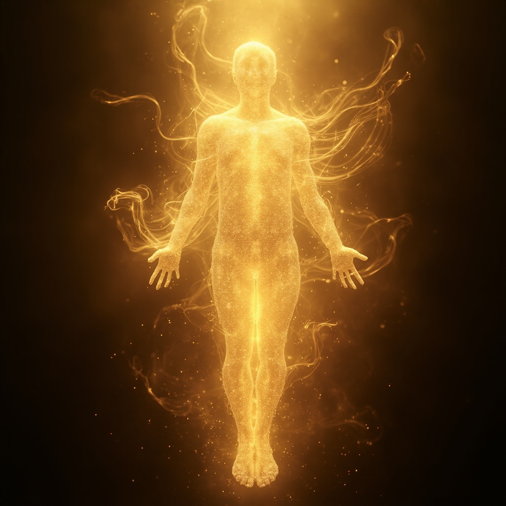 A serene, abstract representation of a glowing human energy field with soft, golden light radiating from the core, symbolizing vitality and inner harmony.