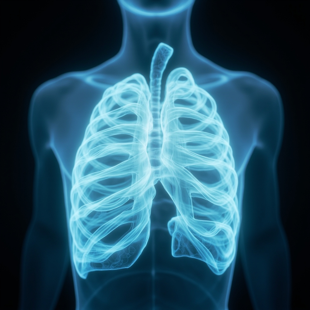 A serene, artistic representation of gentle waves of light flowing through a human chest area, symbolizing respiratory clarity and energetic balance.