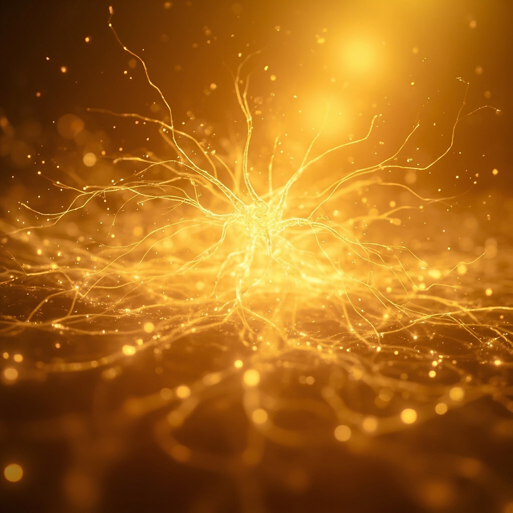 A serene, abstract representation of a glowing, balanced nervous system merging with soft, flowing golden light, symbolizing the transition from stress to deep, restorative calm.