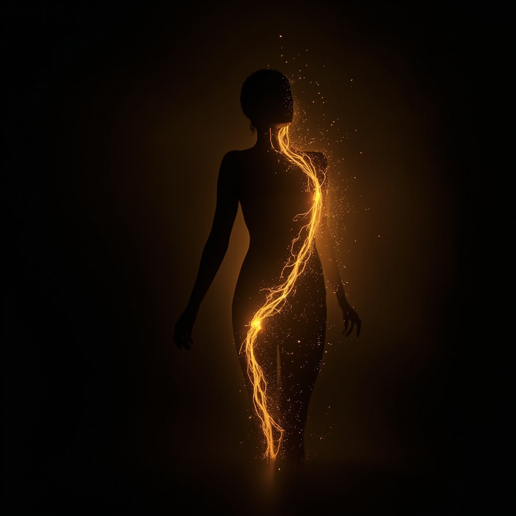 A serene, abstract representation of flowing light and golden energy pathways moving through a human silhouette, focusing on the right side, symbolizing clarity and revitalized circulation.