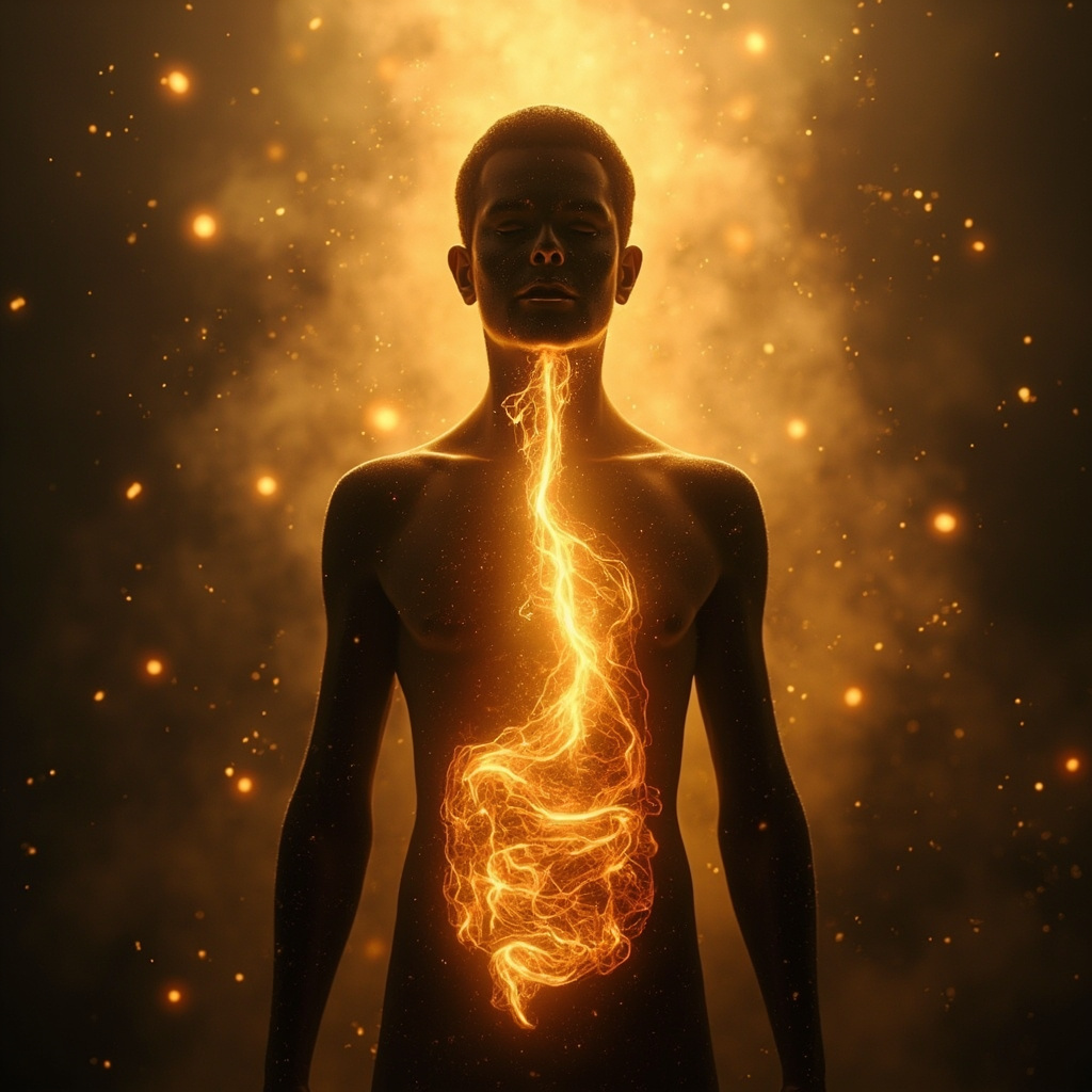 A serene, abstract representation of warm golden light flowing through the center of a human silhouette, symbolizing the digestive fire and internal transformation.
