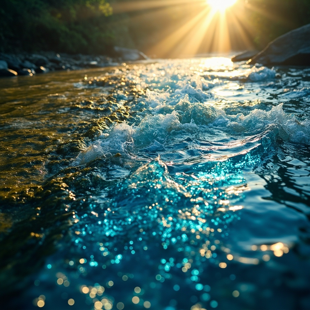 A serene, artistic representation of a flowing river transitioning from murky, stagnant water into clear, vibrant, sparkling blue water, symbolizing purification and the restoration of flow.