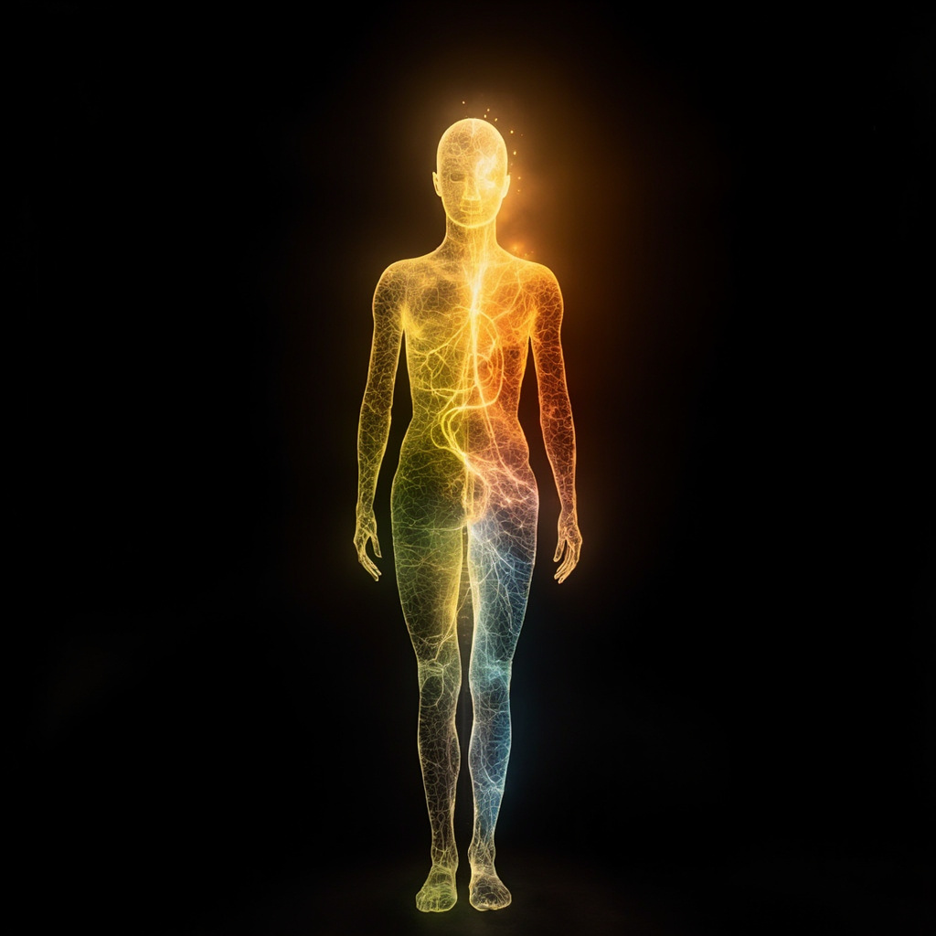 A serene, artistic representation of a human silhouette transitioning through different seasonal colors, with subtle, glowing golden light patterns representing internal electrical flow and harmony.
