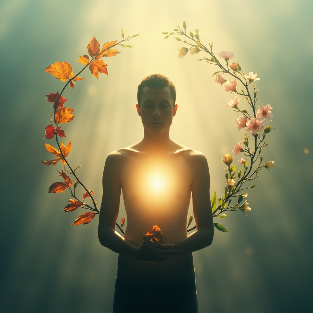 A serene, abstract representation of a human silhouette with soft, glowing light radiating from the chest area, surrounded by symbols of changing seasons like falling leaves transitioning into spring blossoms.