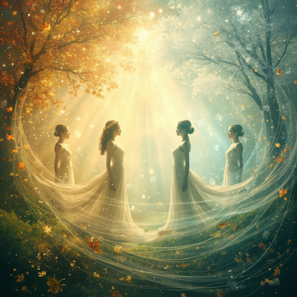 A serene, artistic representation of the four seasons transitioning into one another, with soft, flowing lines connecting human silhouettes to nature elements like leaves, snowflakes, and sunbeams, warm and calming color palette.