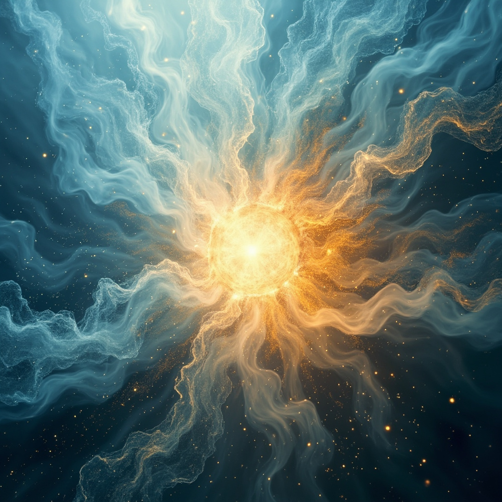 A serene, abstract representation of flowing light and soft, harmonious waves transitioning from a chaotic, fragmented state to a balanced, rhythmic pattern, symbolizing internal energy restoration.