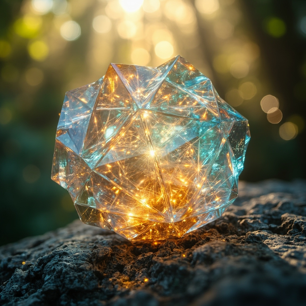 A high-quality, serene image of a glowing, crystalline structure representing cellular health and energy flow, set against a soft, natural background.