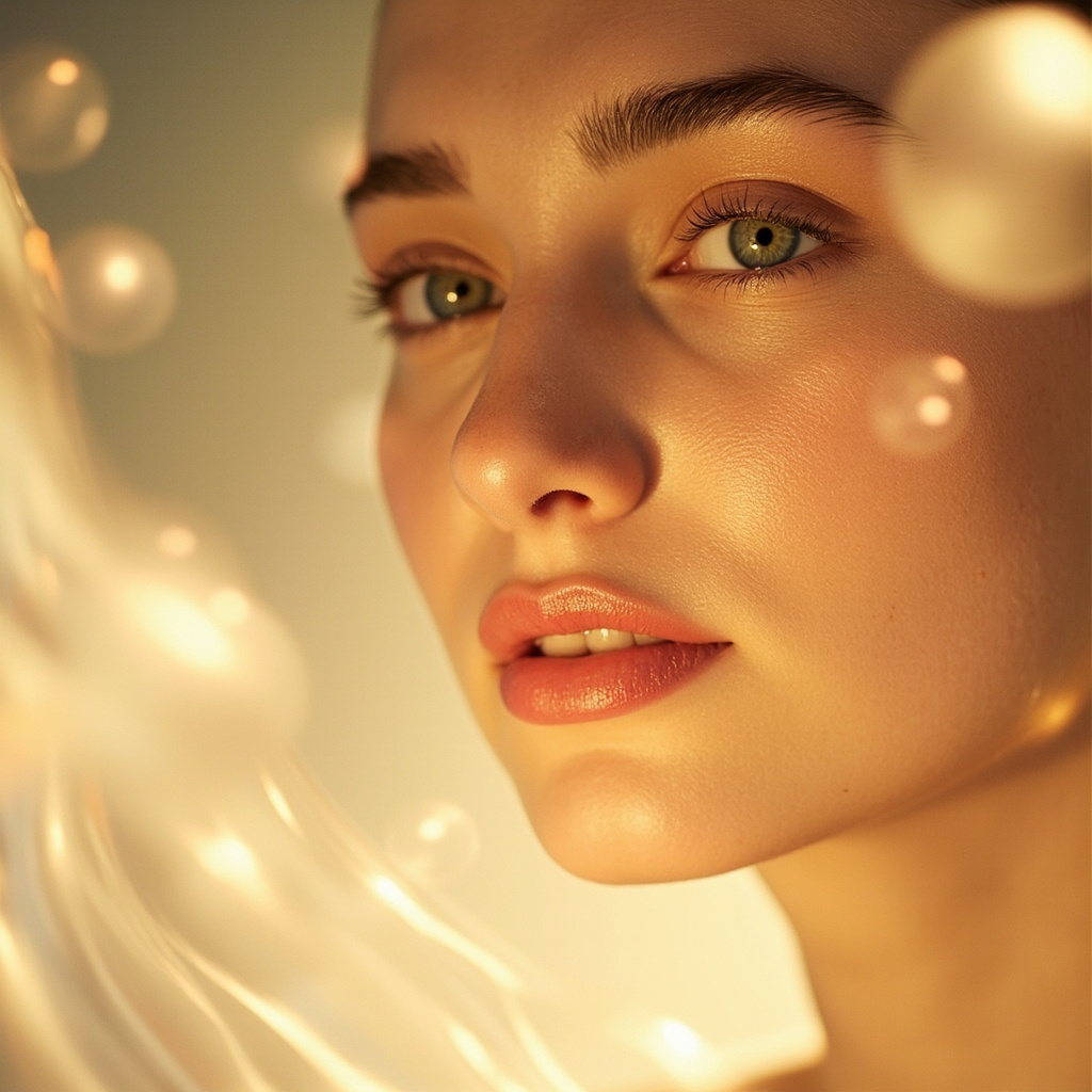 A soft, serene image of a person's face glowing in natural morning light, emphasizing healthy skin texture and a peaceful, confident expression, with a subtle abstract background representing energetic flow.