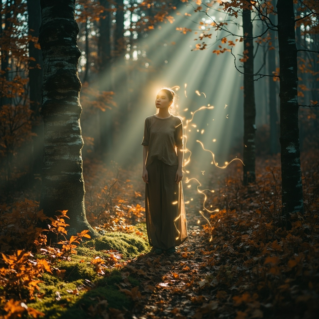 A high-quality, serene image of a person standing in a forest during a seasonal transition, with subtle, glowing golden light patterns representing internal energy flow, professional and calming aesthetic.