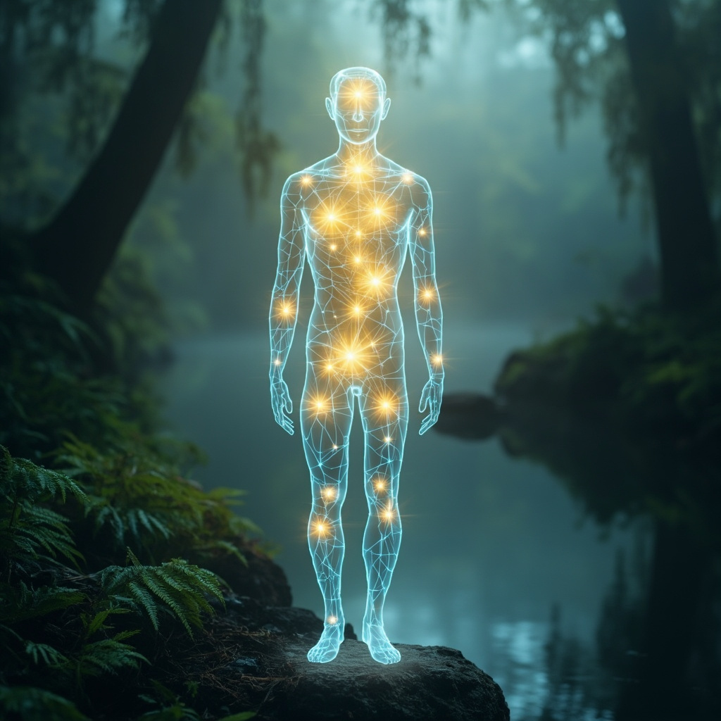 A soft, ethereal image of a human silhouette with glowing, balanced electrical nodes, representing harmony and inner light, set against a calm, nature-inspired background.