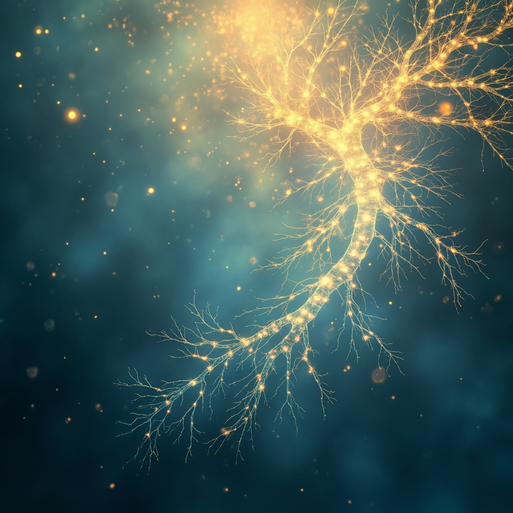 A serene, abstract digital art piece showing glowing, light-filled bronchial tree structures branching out like roots of a tree, blending into a soft, expansive blue and golden atmosphere, representing clarity and deep breathing.