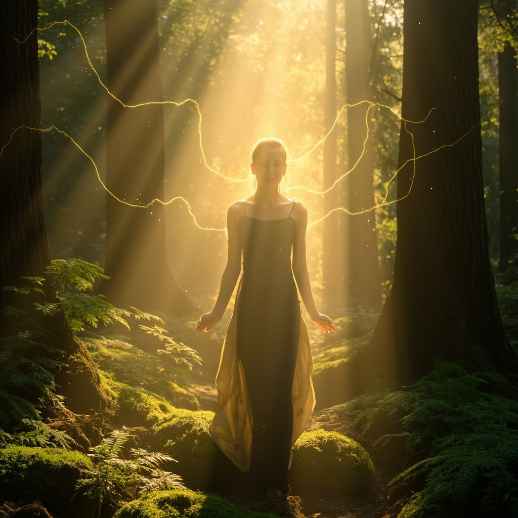 A soft, serene image of a person standing in a sunlit forest, representing the connection between nature and inner balance, with subtle abstract golden light waves surrounding them.