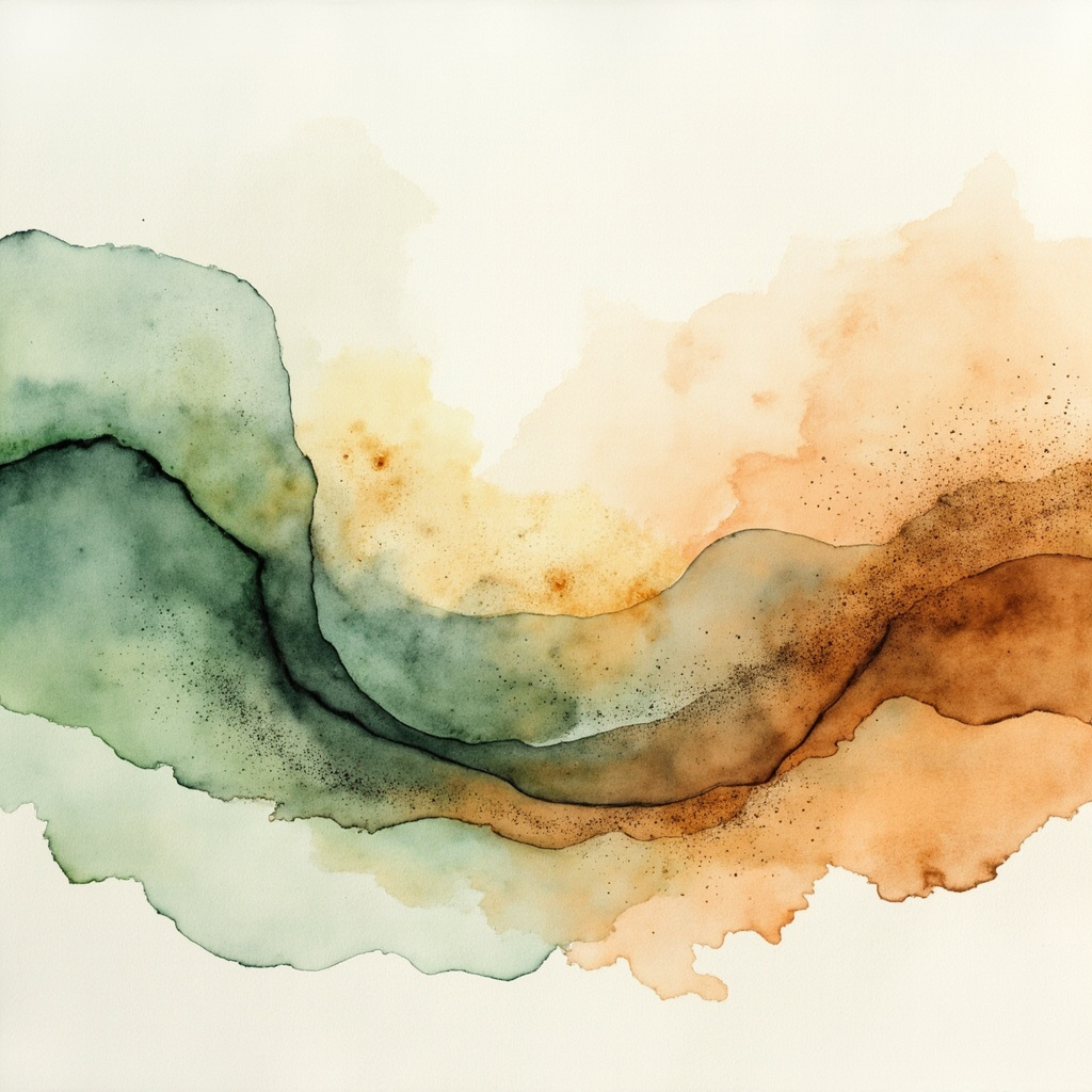 A serene, abstract watercolor painting representing the concept of inner balance and digestive harmony, featuring soft greens and warm earth tones to symbolize grounding and flow.