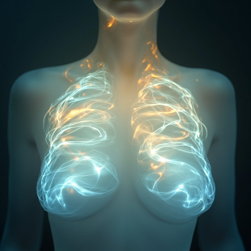 A serene, ethereal image of soft, glowing light patterns swirling in a gentle, rhythmic motion, suggesting breath, clarity, and the restoration of harmony within the human chest area.