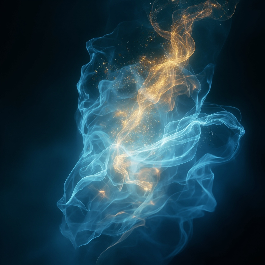 A serene, abstract digital art piece showing a glowing, gentle energy flow moving through the abdominal area, symbolizing release and lightness, soft blue and warm gold colors.
