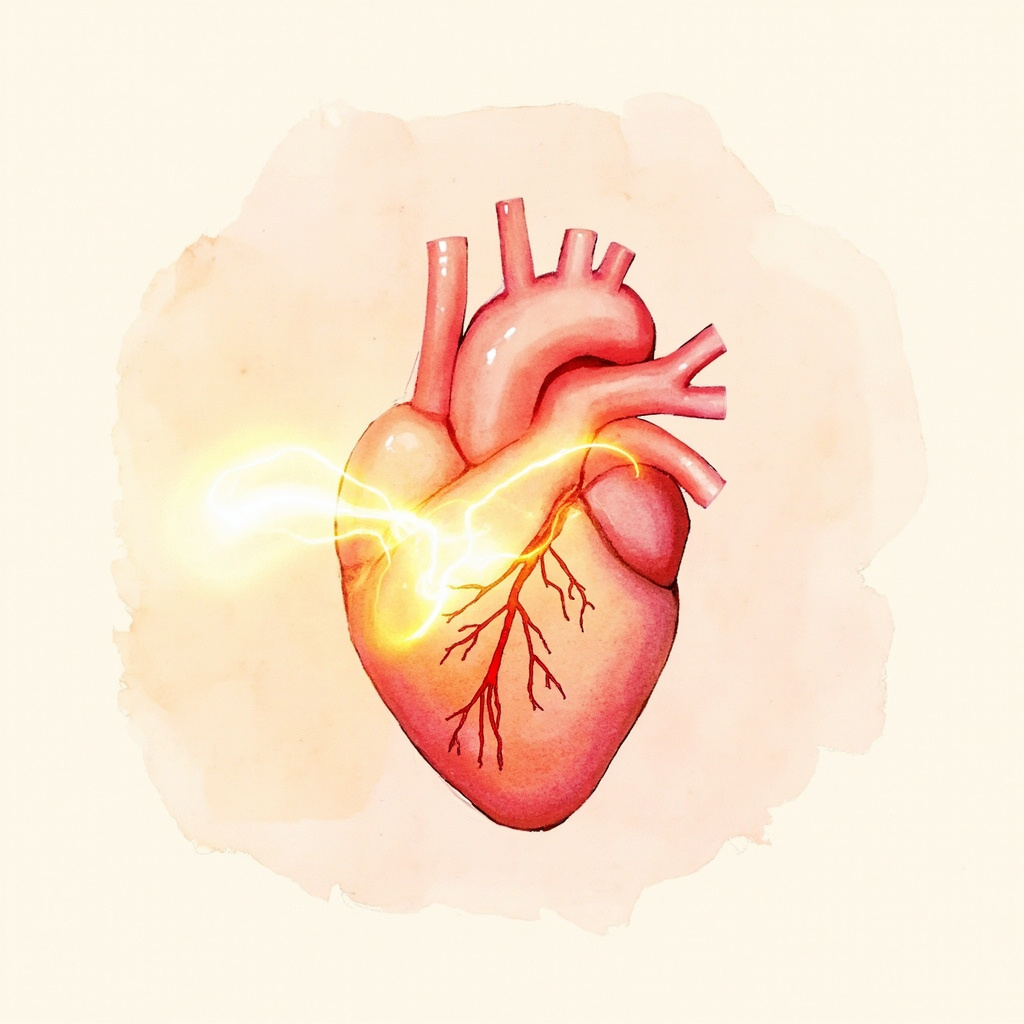 A soft, artistic rendering of a human heart with warm, golden light flowing through the left side, symbolizing circulation and emotional warmth, watercolor style, calming atmosphere.