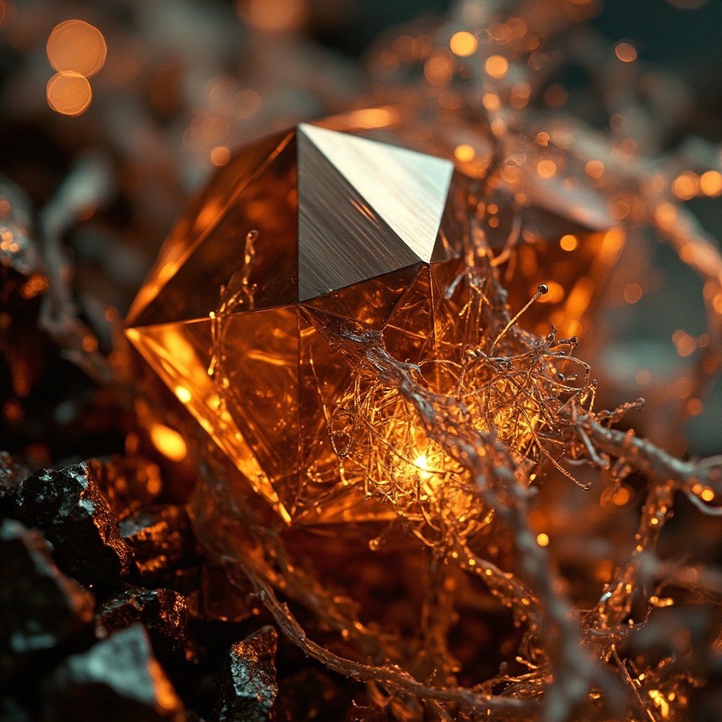 A high-quality, artistic close-up of a copper-colored geometric structure blending into soft, glowing neural-like patterns, symbolizing the connection between minerals and the human nervous system.