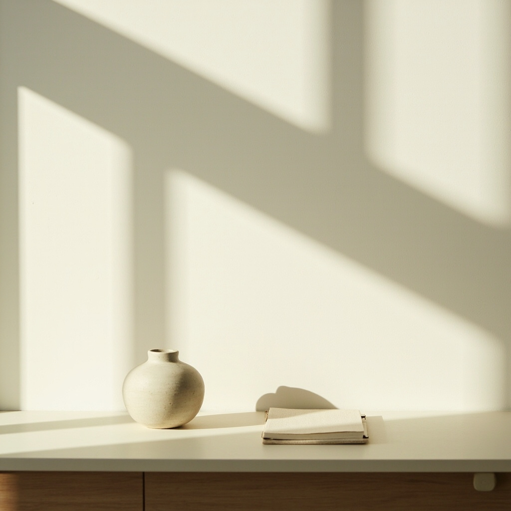 A serene, minimalist workspace with soft natural light, symbolizing mental clarity, order, and a calm, focused atmosphere.