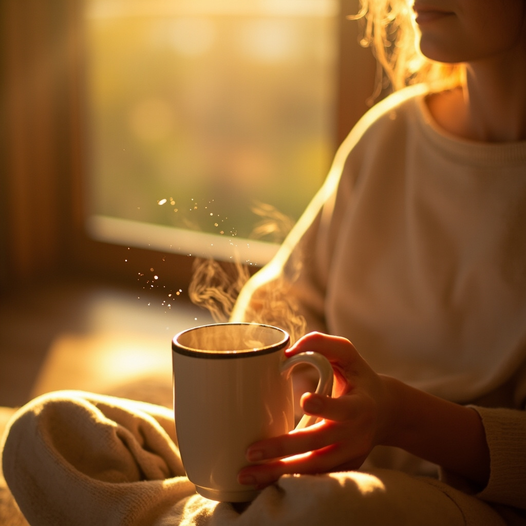 A high-quality, soft-focus image of a person sitting peacefully in a sunlit room, holding a warm cup of herbal tea, symbolizing digestive calm and internal balance.