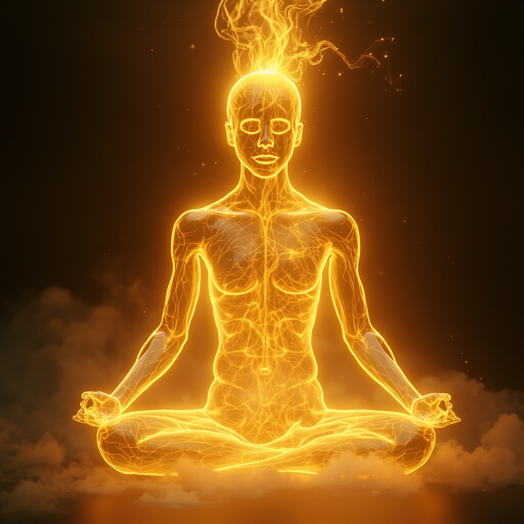 A serene, abstract digital art piece showing golden light waves moving through a human silhouette, symbolizing energetic harmony and internal balance.
