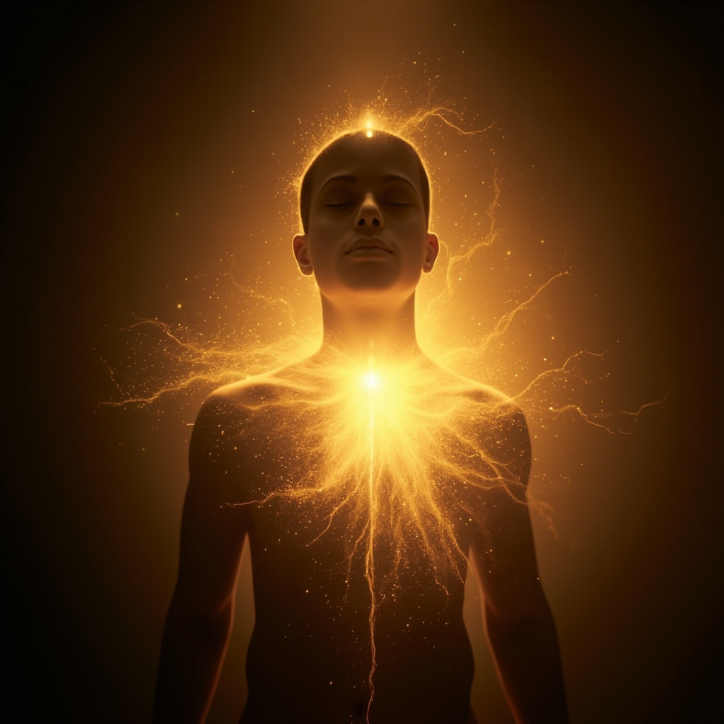 A serene, abstract digital art piece showing a glowing, gentle golden light expanding from the center of a human silhouette, symbolizing the opening and release of tension in the chest area.