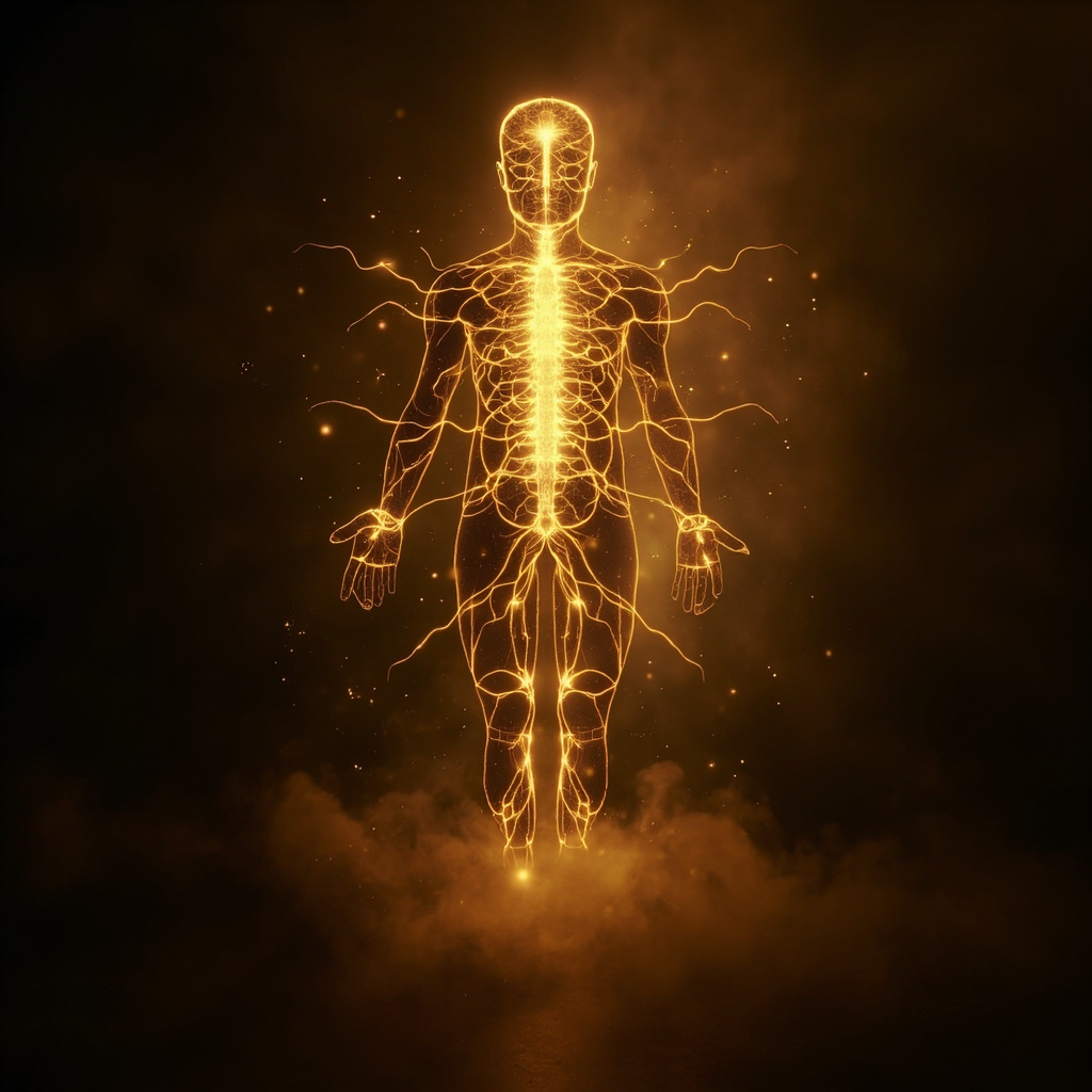 A high-quality, serene image of a human silhouette with glowing, harmonious golden light patterns flowing through the nervous system, symbolizing energetic balance.
