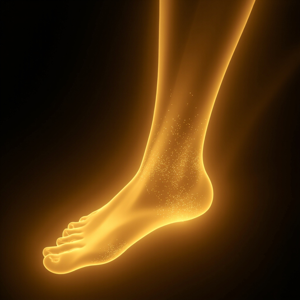 A serene, abstract digital art piece showing a soft, flowing golden energy pathway moving from the big toe upward through the body, transitioning into gentle, calming light waves around the chest and throat, evoking a sense of balance and nurturing.