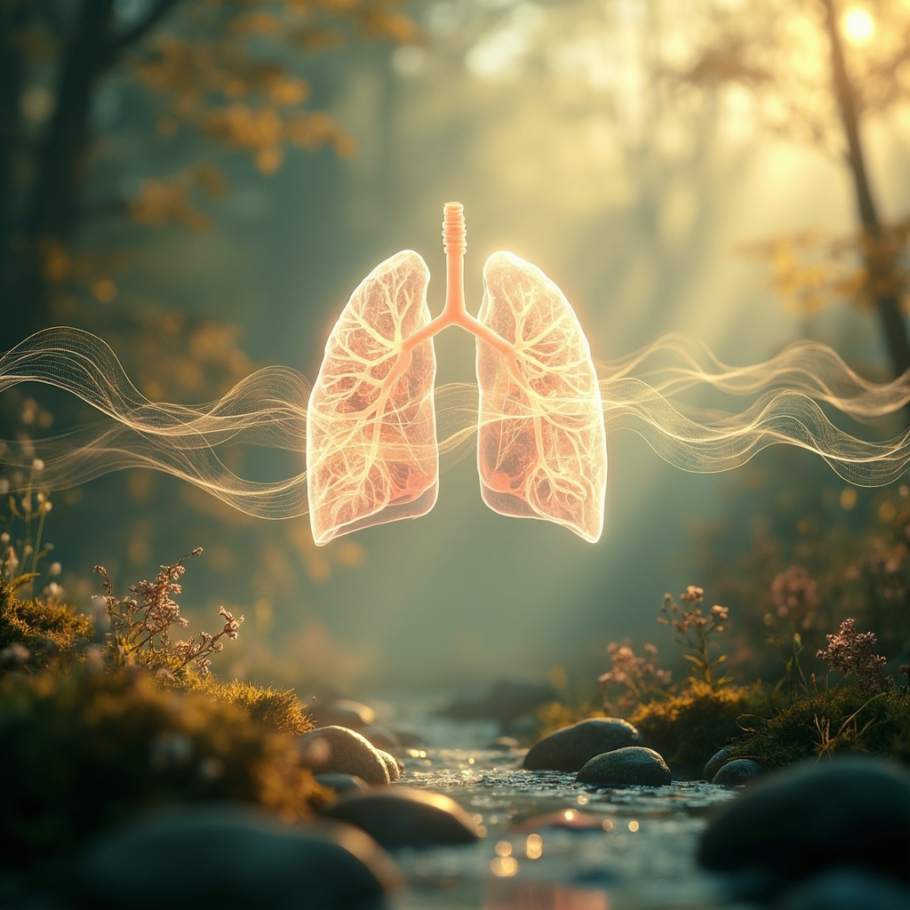 A serene, abstract visualization of light waves and human lung anatomy glowing softly in a harmonious, natural environment.