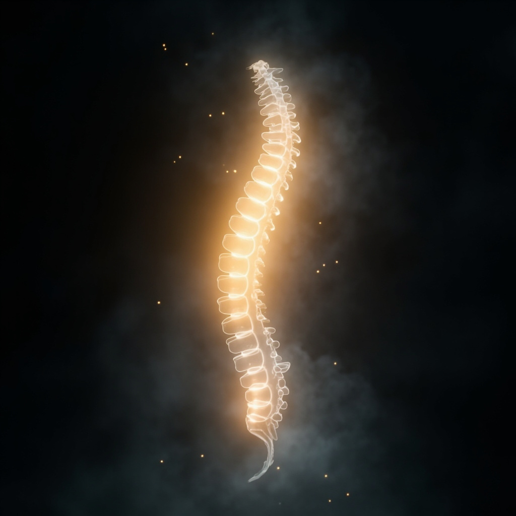 A calm, abstract visualization of a glowing, radiant spine with the T6 vertebra highlighted in soft, golden light to represent safety and grounding.