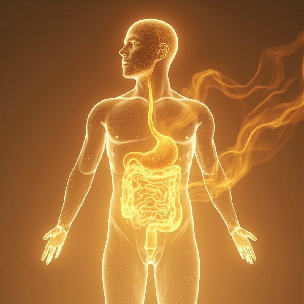 A serene, abstract visualization of flowing golden energy connecting the digestive organs within a human silhouette, soft lighting, professional and calming aesthetic.