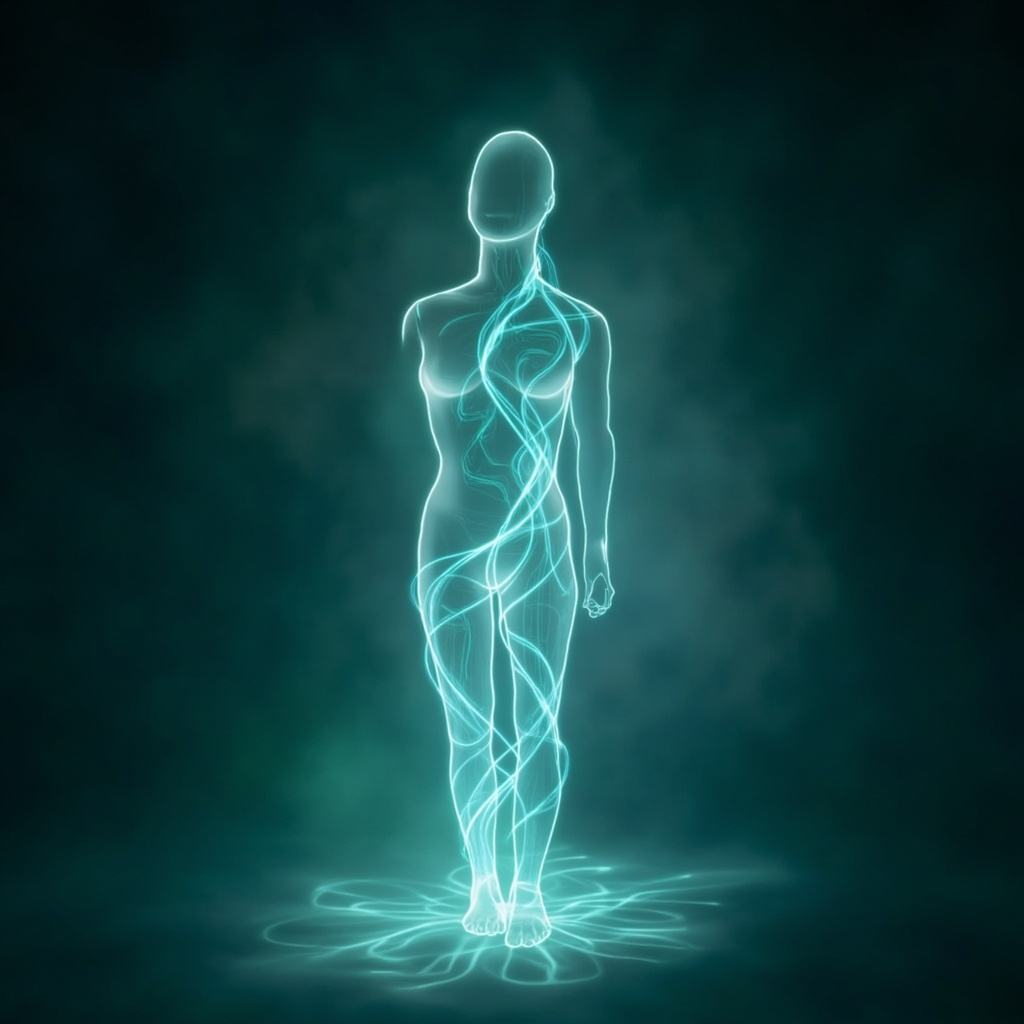 A serene, abstract visualization of light waves and bio-energetic patterns flowing through a human silhouette, soft blues and greens, professional and calming aesthetic.