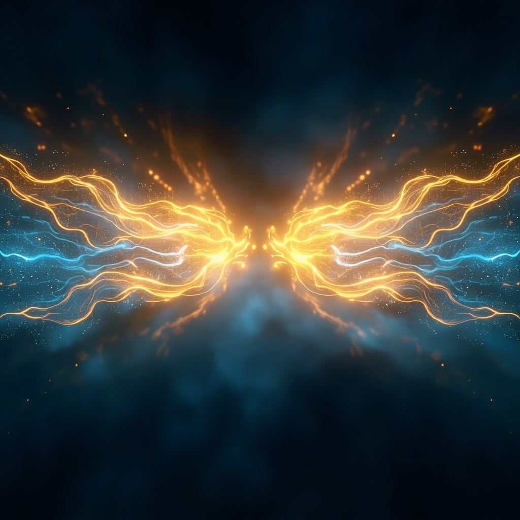 A serene, abstract visualization of glowing golden and soft blue light patterns reflecting the energy of the adrenal glands, balanced and calm.