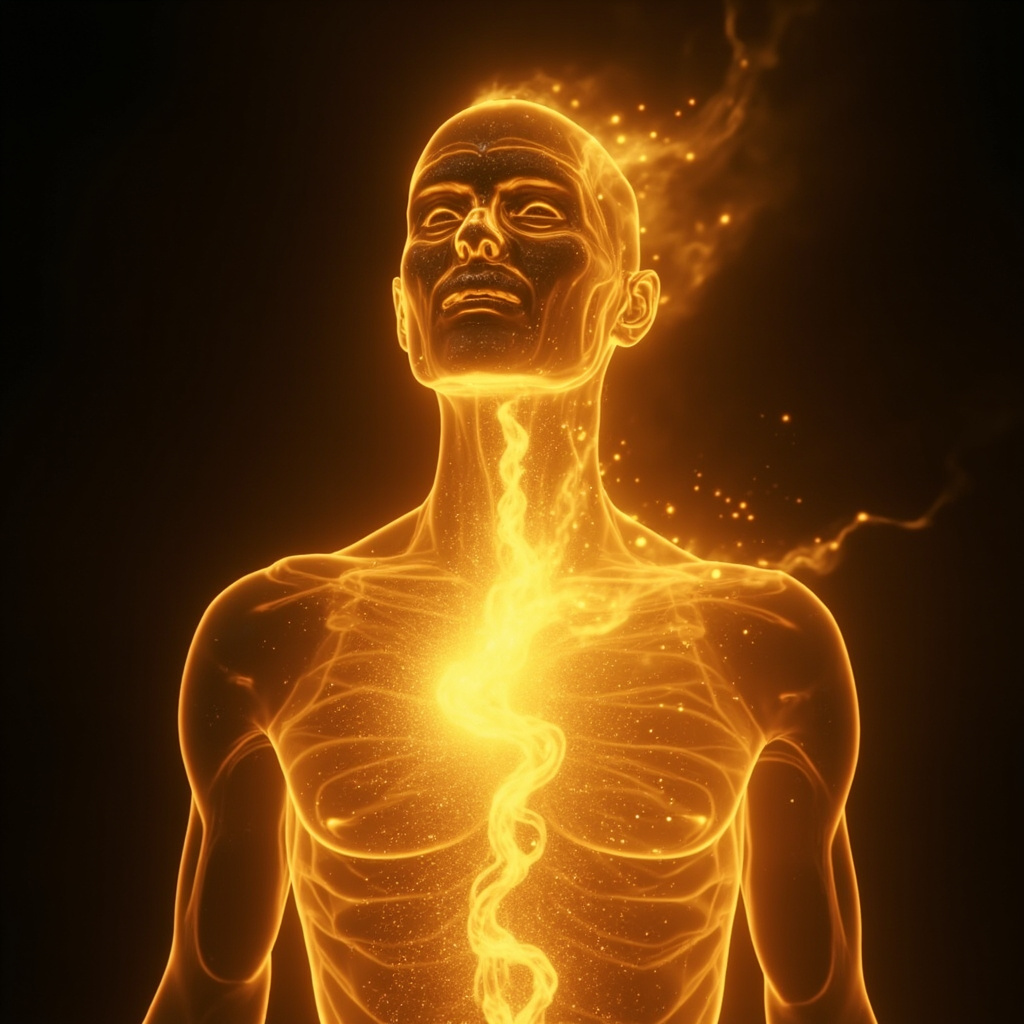 A serene, abstract visualization of glowing golden light flowing from the chest to the throat area, representing energy and strength.